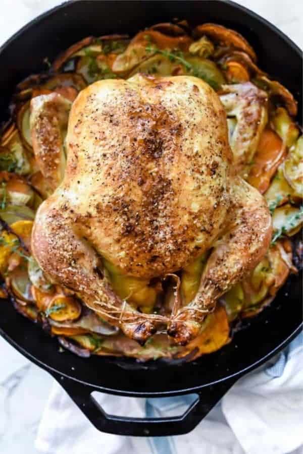 Cast-Iron Skillet Whole Roasted Chicken With Potatoes