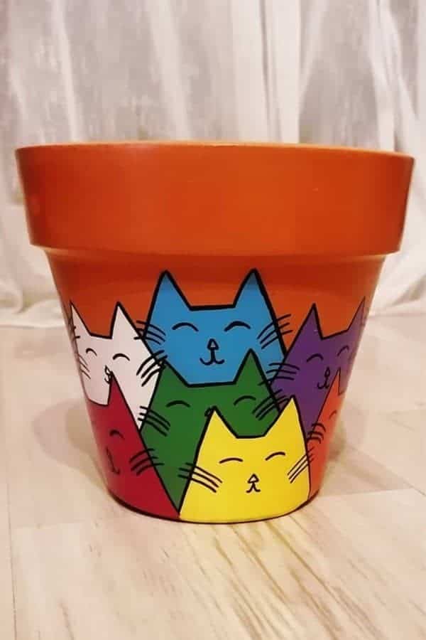 Cat-Themed Painted Clay Pot