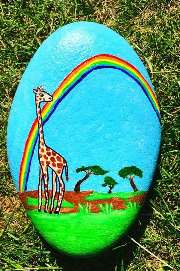 Giraffe & Rainbow Painted Pebble