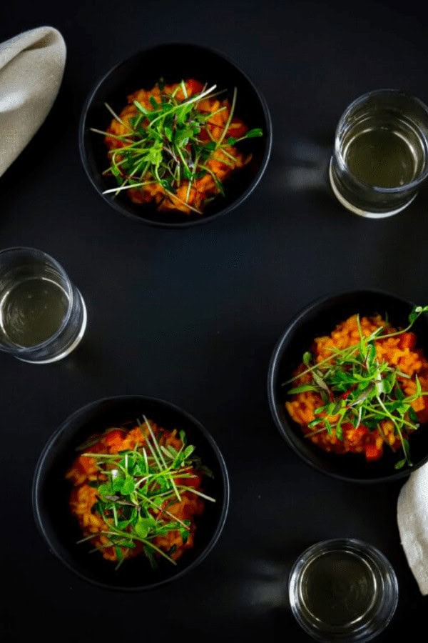 Carrot Risotto with Pea Microgreen Salad