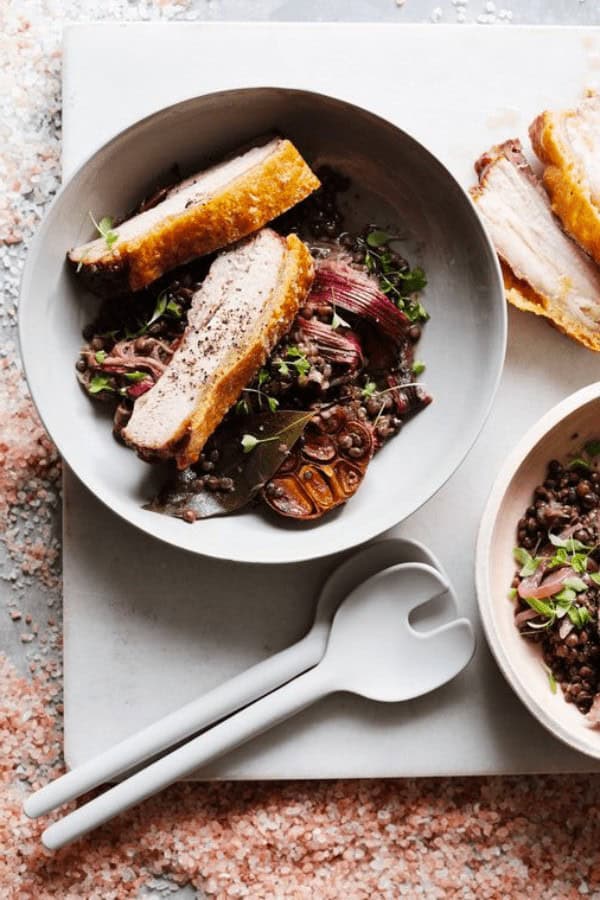 Salted Pork Belly with Rhubarb Lentils