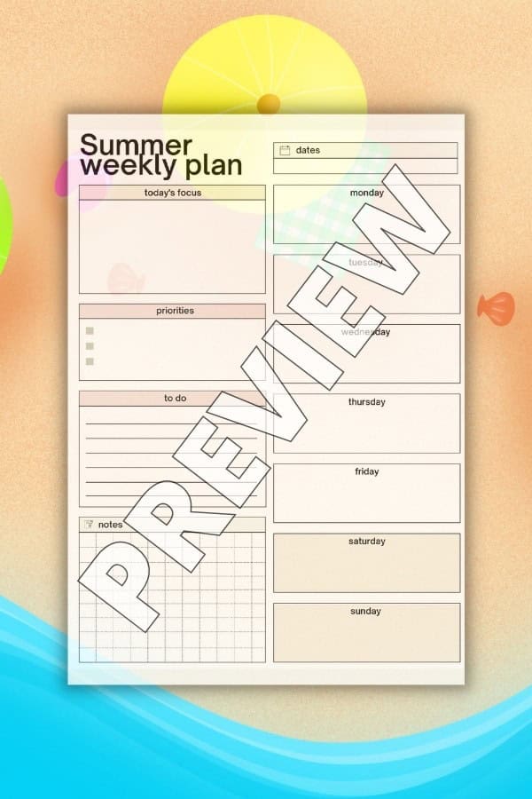 SIMPLE MODERN PRINTABLE WEEKLY PLANNER FOR SUMMER