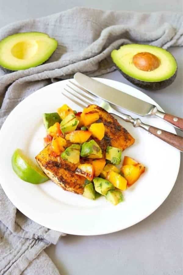 GRILLED MAHI MAHI WITH AVOCADO PEACH SALSA