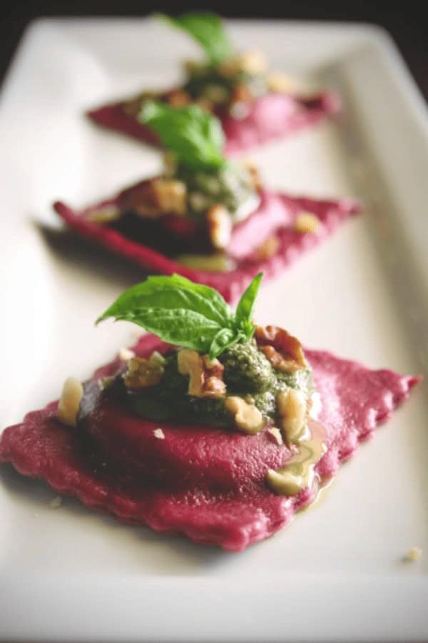 Goat Cheese and Sweet Pea Stuffed Beet Ravioli