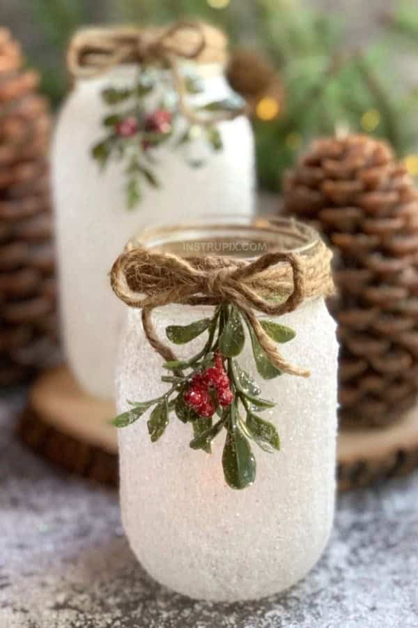 DIY SNOWY MASON JAR LUMINARIES