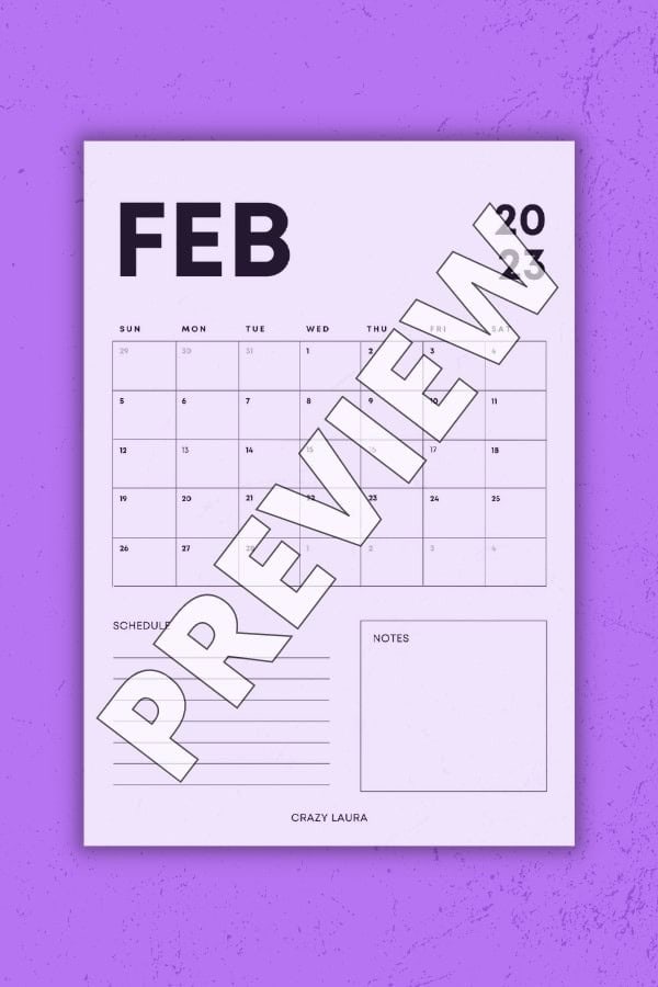 February Vertical Calendar