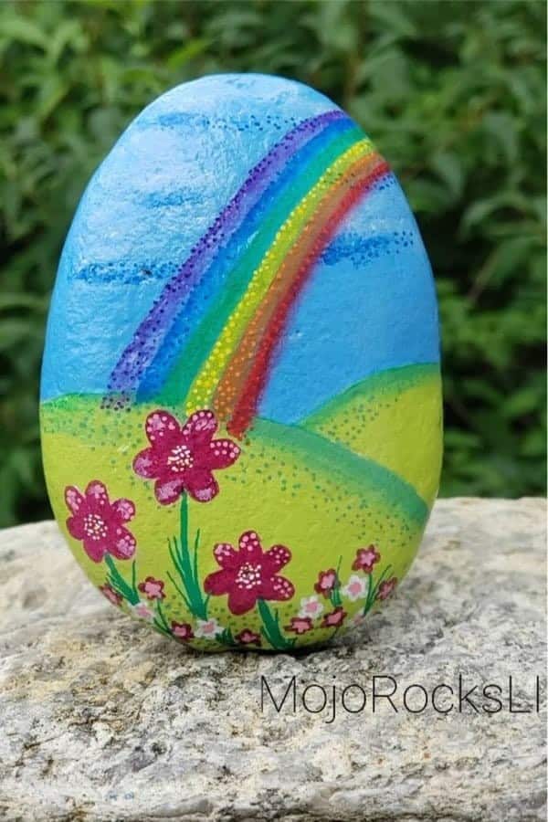 Rainbow & Flower Hand Painted Rock