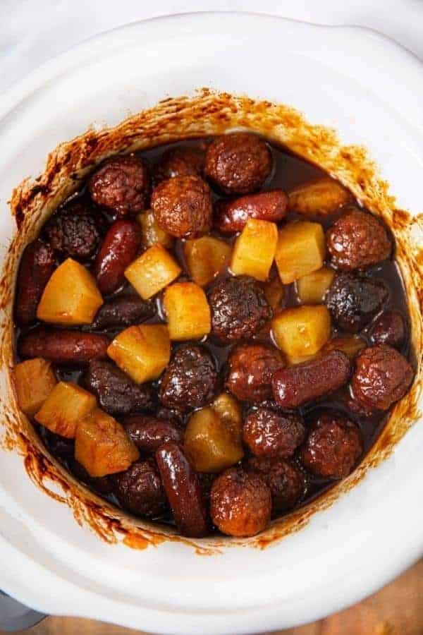 SLOW COOKER MEATBALL PINEAPPLE SMOKIES