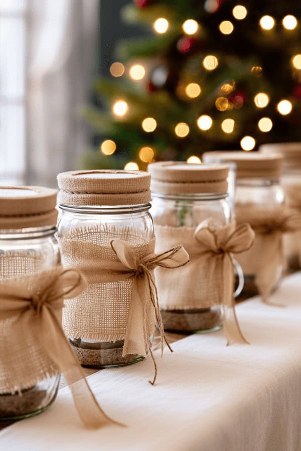 Burlap-wrapped Mason Jars