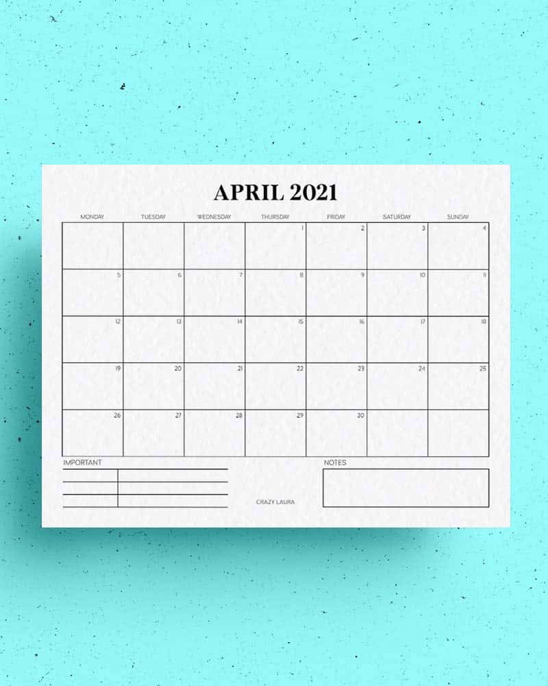 April Horizontal Calendar