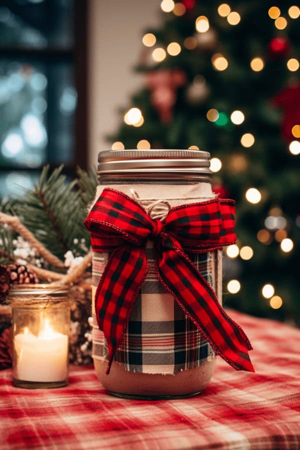 Mason Jar With Plaid Ribbon