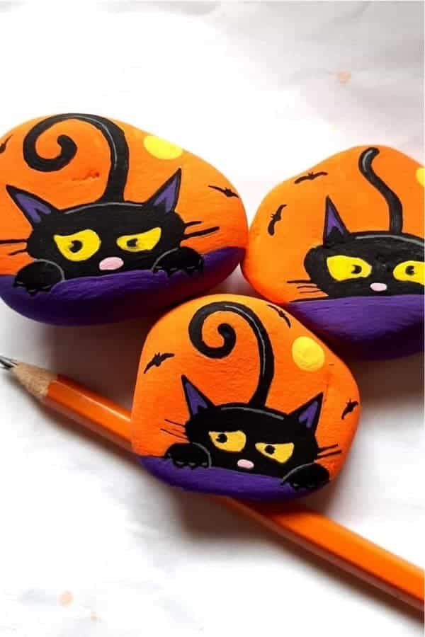 Halloween Black Cat Painted Pebbles