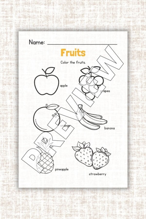 YELLOW ILLUSTRATED FRUIT COLORING WORKSHEET