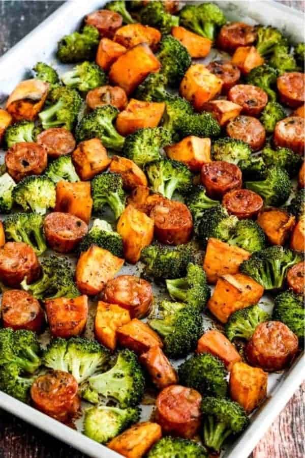 Roasted Sweet Potatoes, Sausage, and Broccoli Sheet Pan Meal