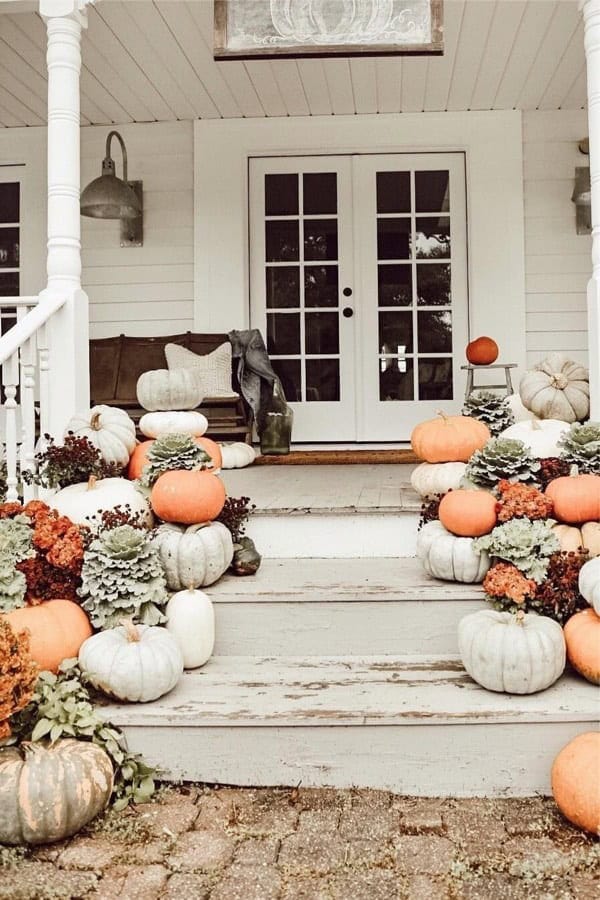 White Rustic Porch With Pumpkins