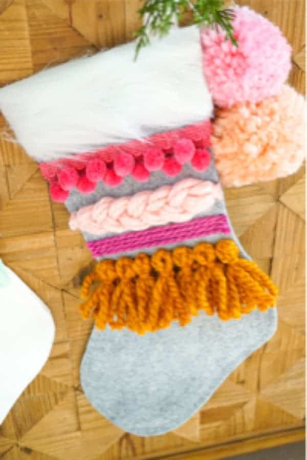 DIY Colorful Pom & Yarn Holiday Stockings