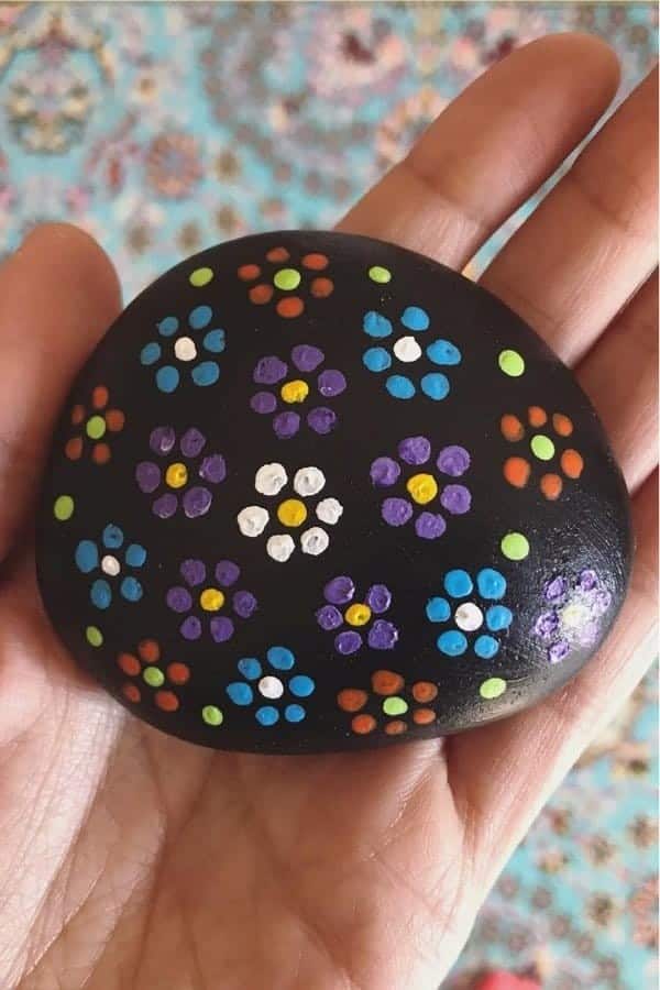 Dot Painted Stone With Flower Pattern