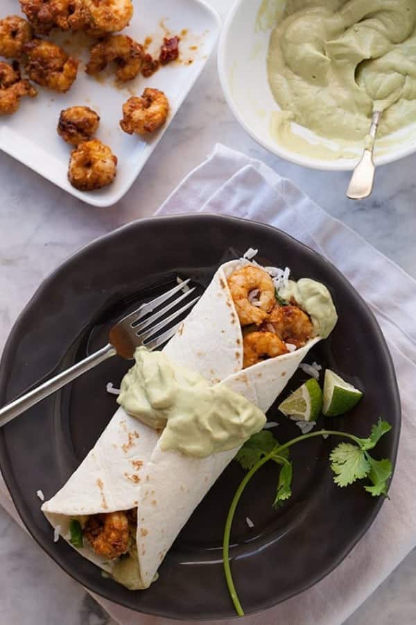 CHIPOTLE SHRIMP BURRITOS WITH AVOCADO CREMA