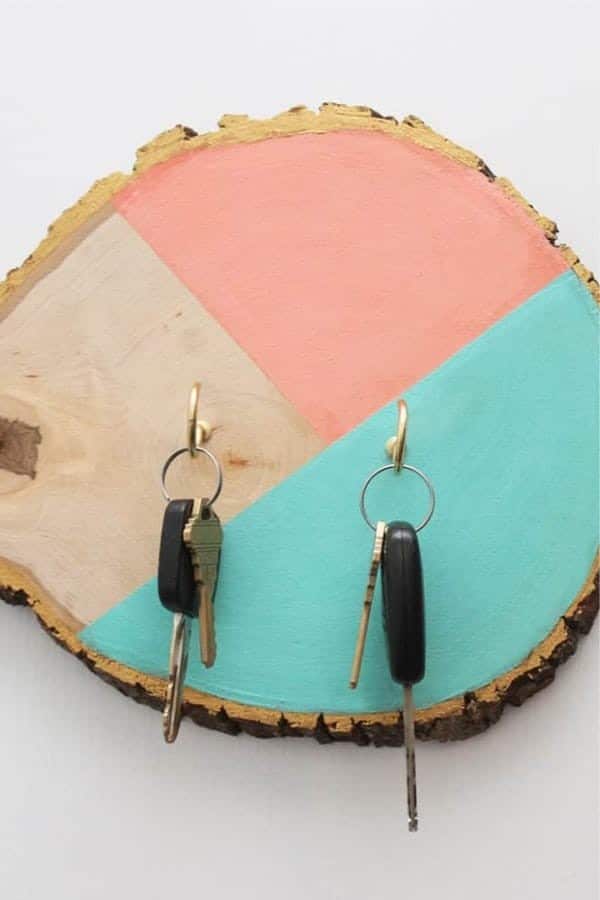 Color Block Wood Slice Key Holder