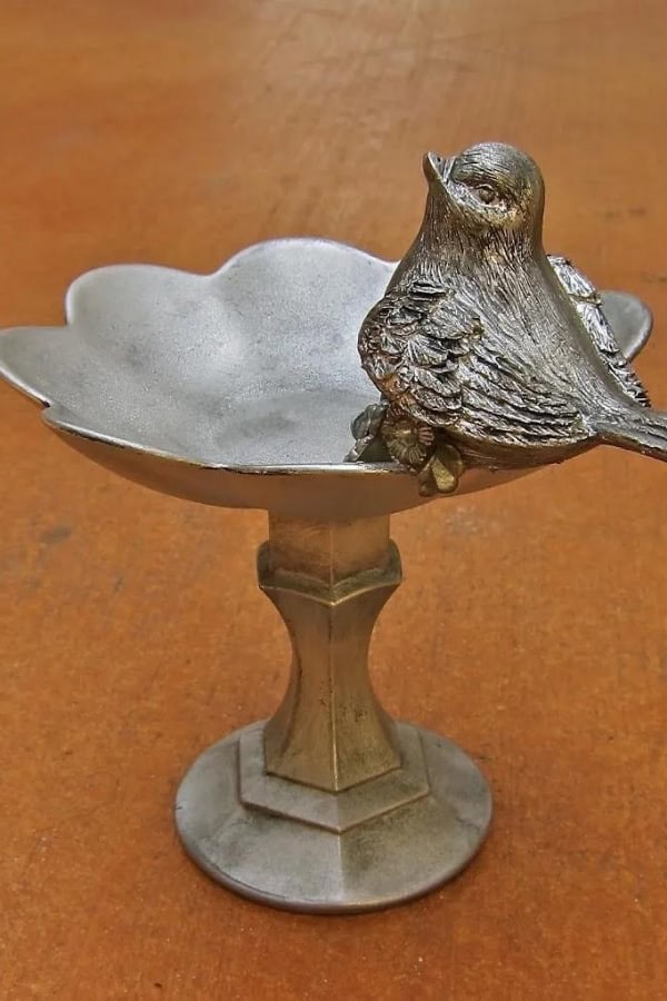 FAUX SILVER BIRDS AND FLOWERS PEDESTAL BOWL