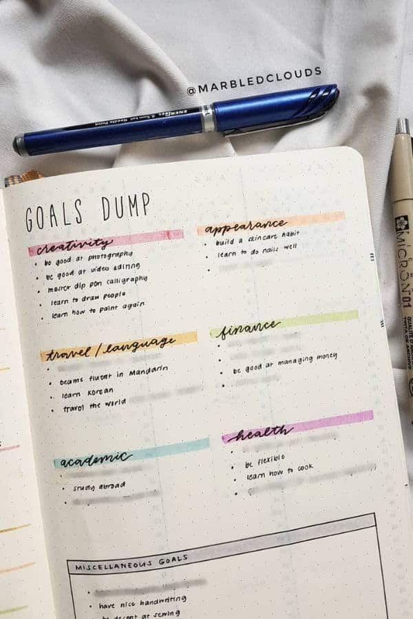 COLORFUL HIGHLIGHTS BULLET JOURNAL GOALS TRACKER