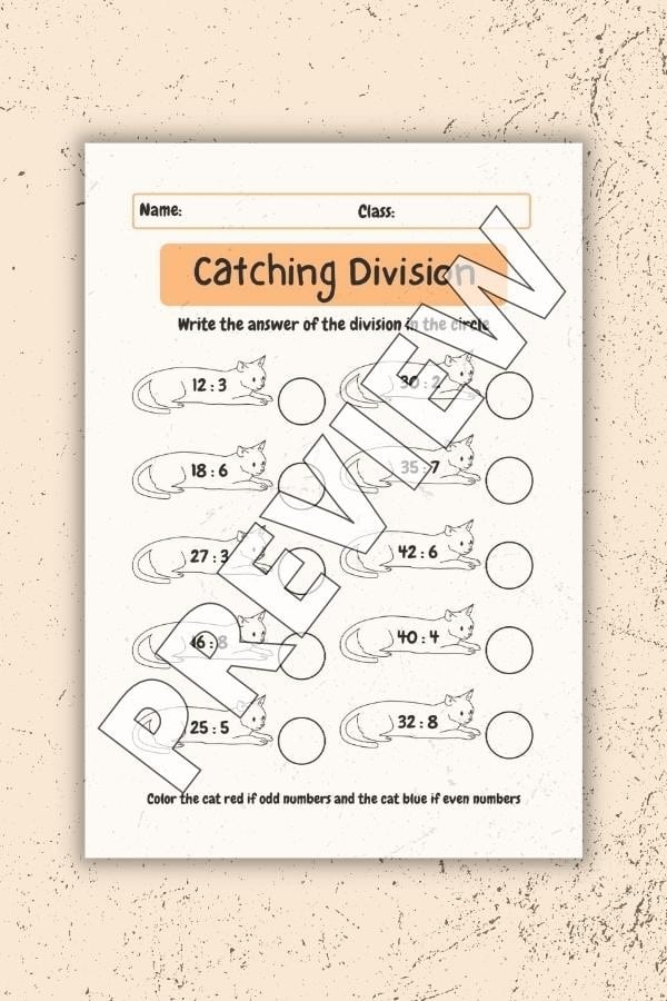 CATCHING CAT ILLUSTRATION DIVISION WORKSHEET PRINTABLE