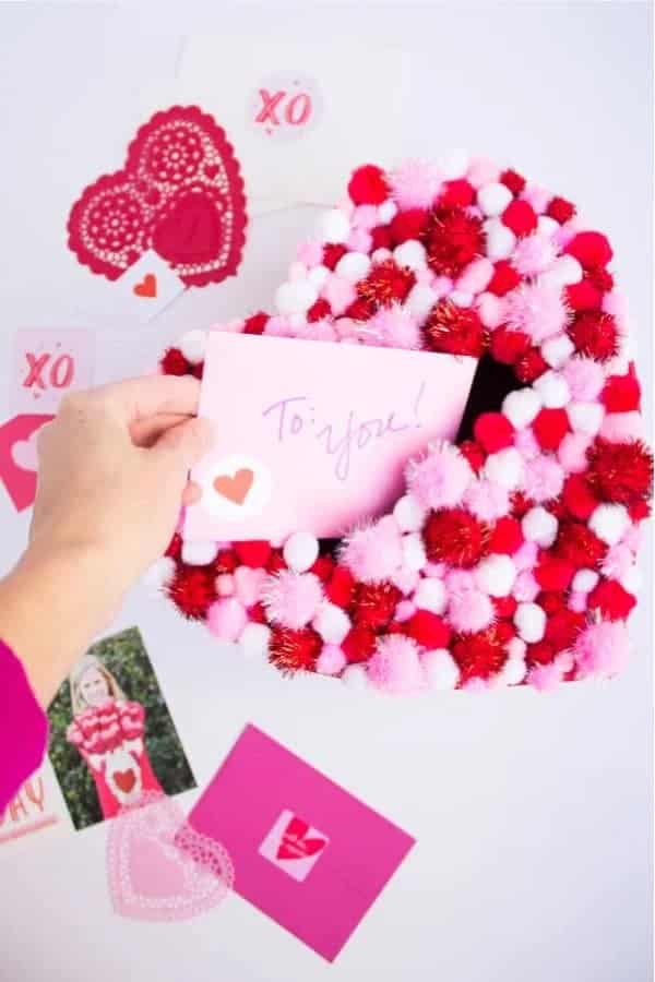 DIY Pom-Pom Heart Valentine Holder Box