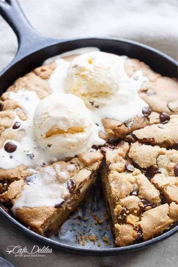 Cheesecake Stuffed Chocolate Chip Skillet Cookie