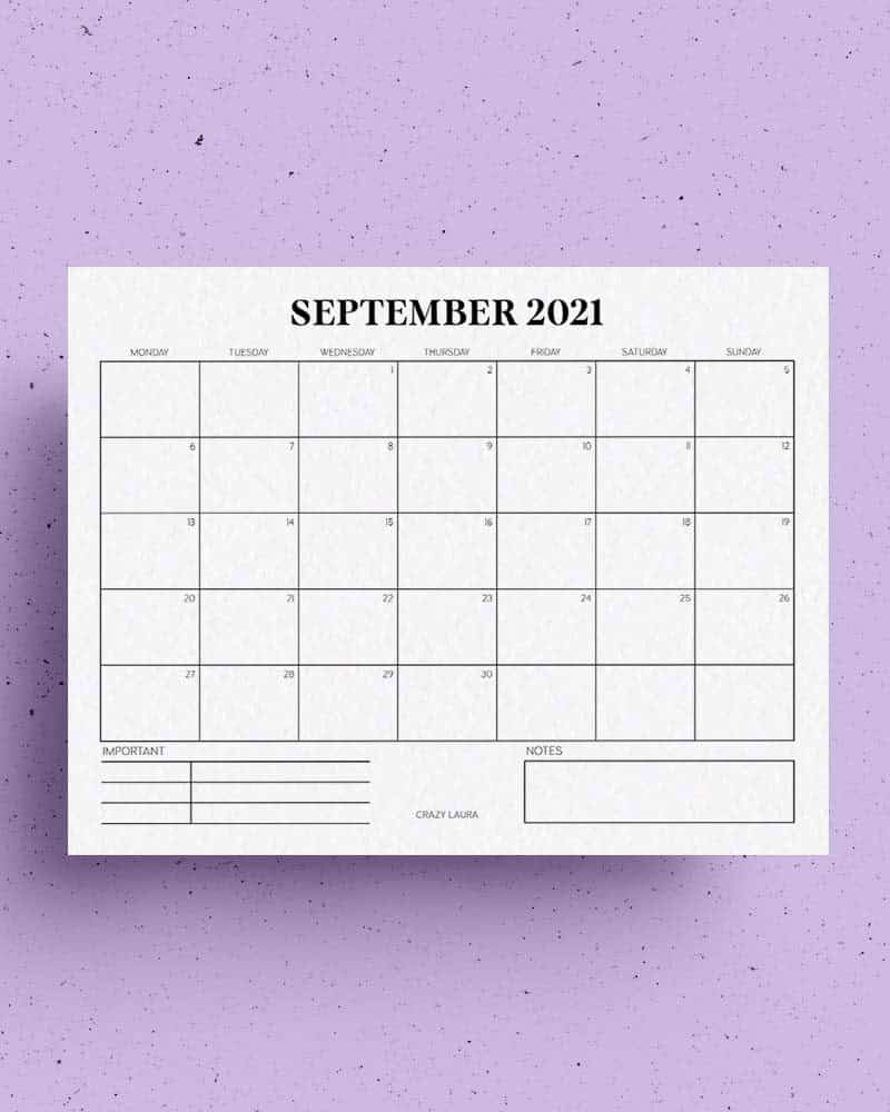 September Horizontal Calendar