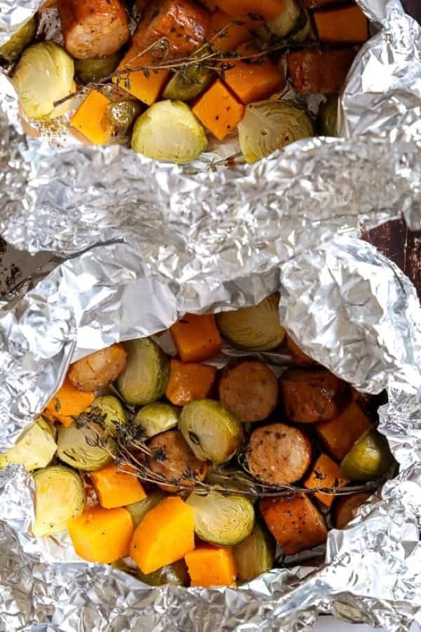 Sausage, Brussels and Butternut Foil Packets