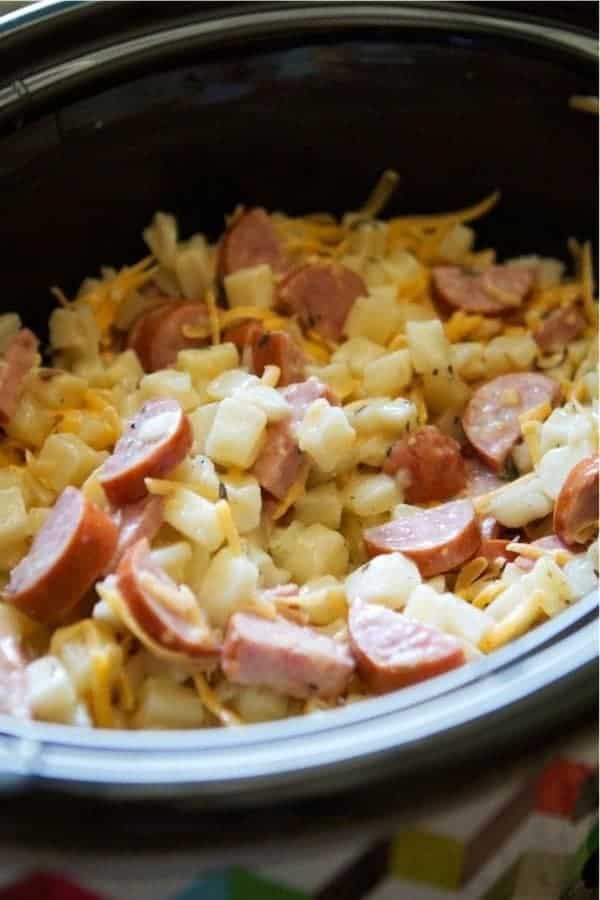 Crockpot Hashbrown Casserole with Smoked Sausage