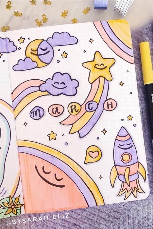 Space Monthly Cover With Cute Doodles