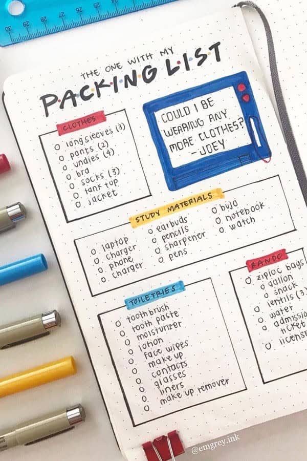 Friends Themed Packing List