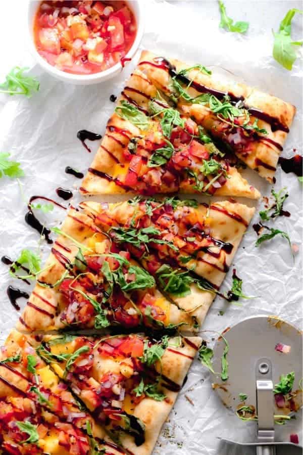 Bruschetta and Arugula Flatbread Pizza With a Balsamic Glaze