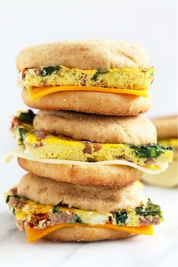 Sausage, Sun-Dried Tomato, and Spinach Freezer Breakfast Sandwiches