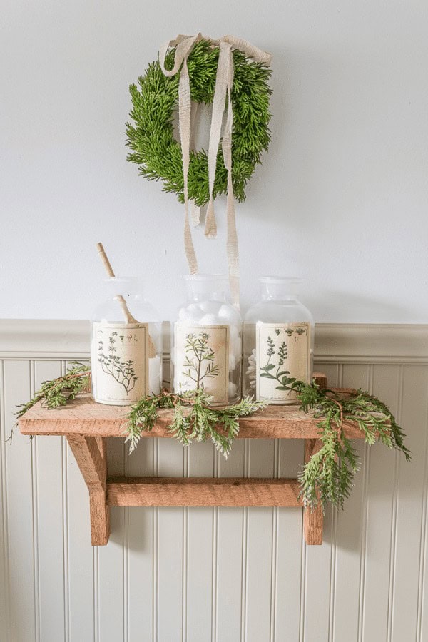 Faux Pines on Shelf