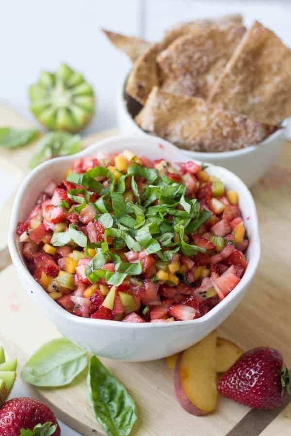 FRUIT SALSA WITH CINNAMON SUGAR PITA CHIPS