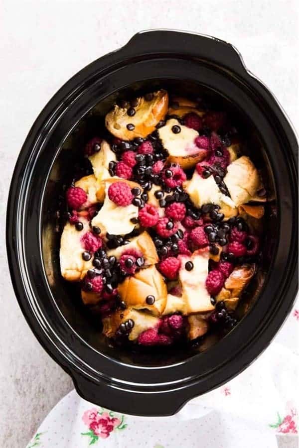 Crockpot Raspberry Chocolate Chip French Toast Casserole