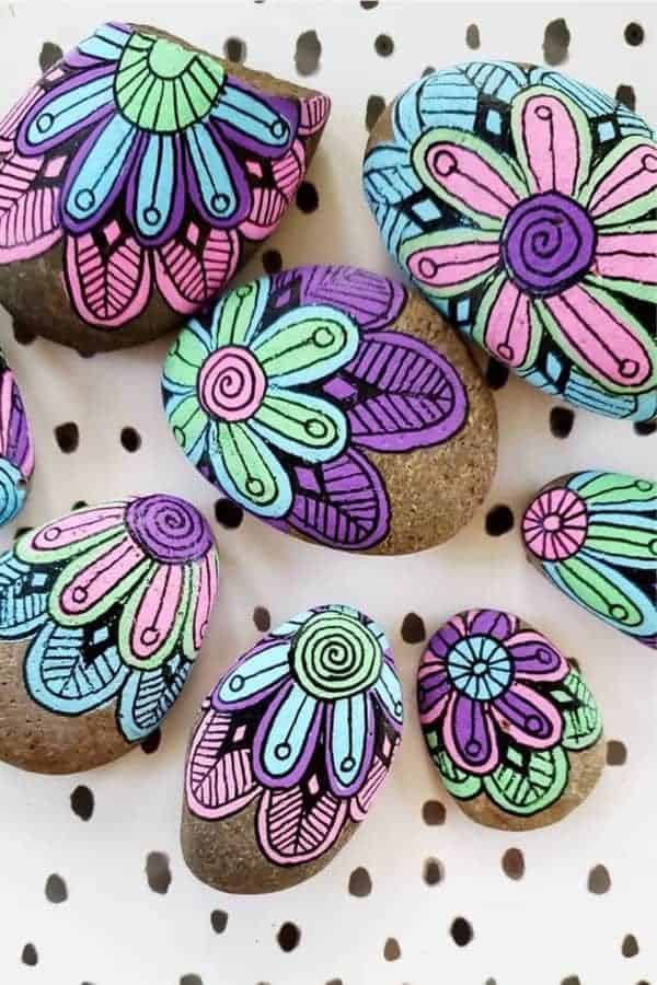 Pink & Purple Flower Painted Stones