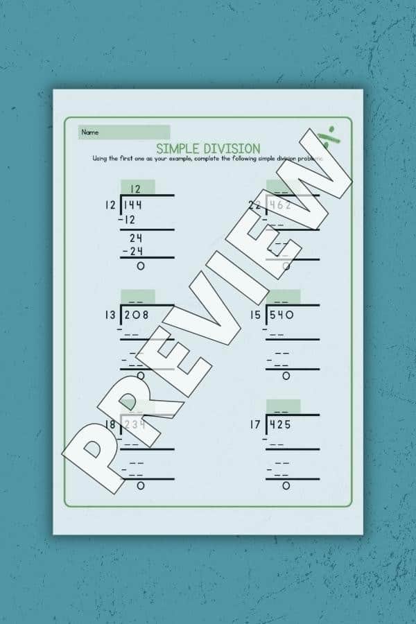 GREEN SIMPLE DIVISION WORKSHEET PRINTABLE