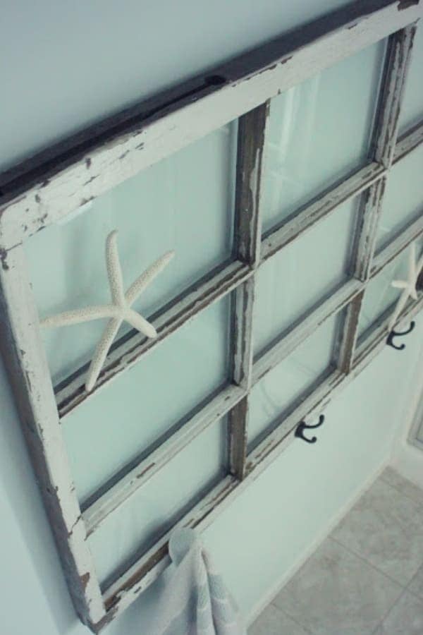 REPURPOSED WINDOW BATHROOM TOWEL RACK