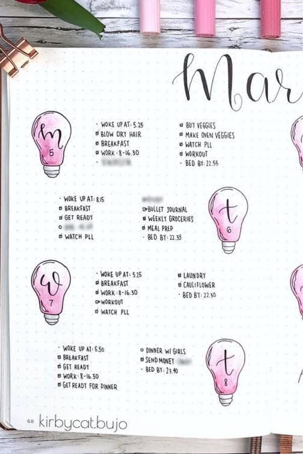 Pink Light Bulb Bujo Spread