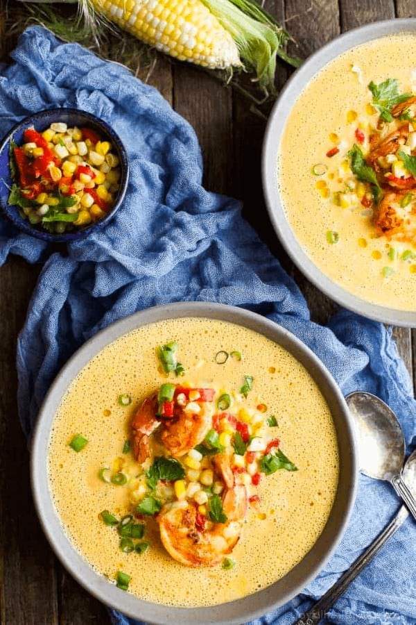 Blender Corn Chowder with Shrimp & Corn Relish