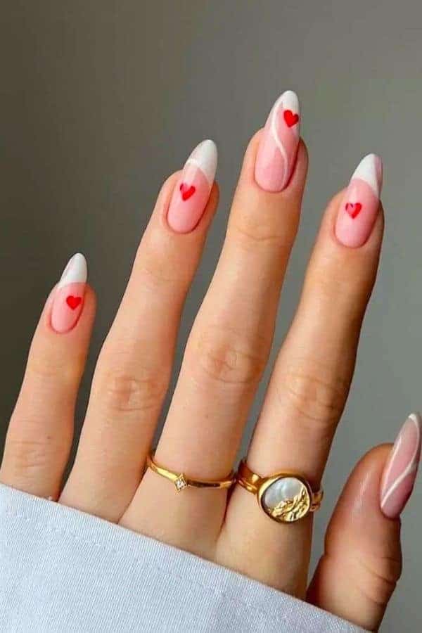 WHITE WAVES AND RED HEARTS NAIL