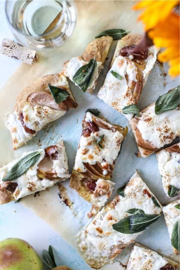 Savory Pear, Date and Burrata Flatbread with Crispy Sage