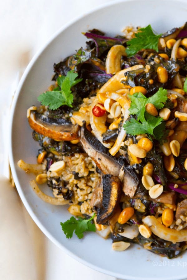 Spicy-Peanut Portobello Kale Rice Bowl