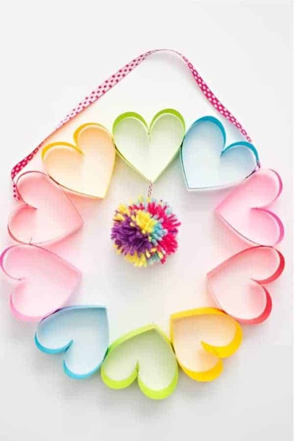 DIY Rainbow Paper Heart Pom Pom Wreath