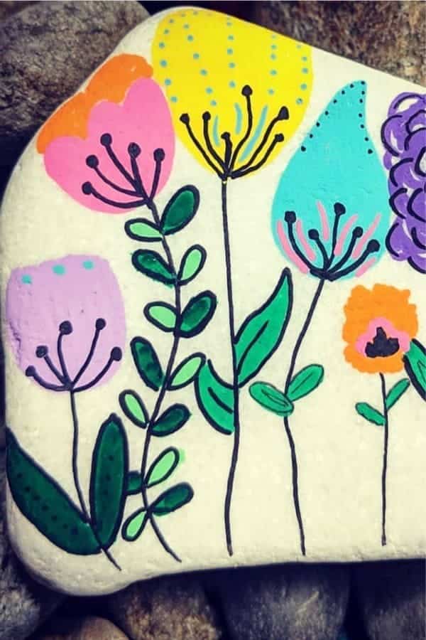 Painted Garden Rock With Flowers