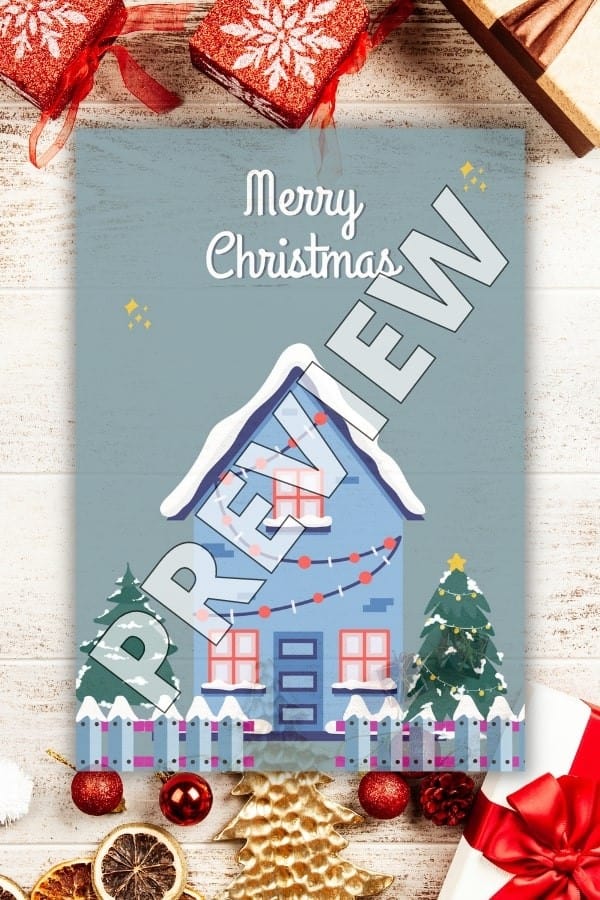 BLUE GREEN AND WHITE HOUSE CHRISTMAS PRINTABLE GREETING