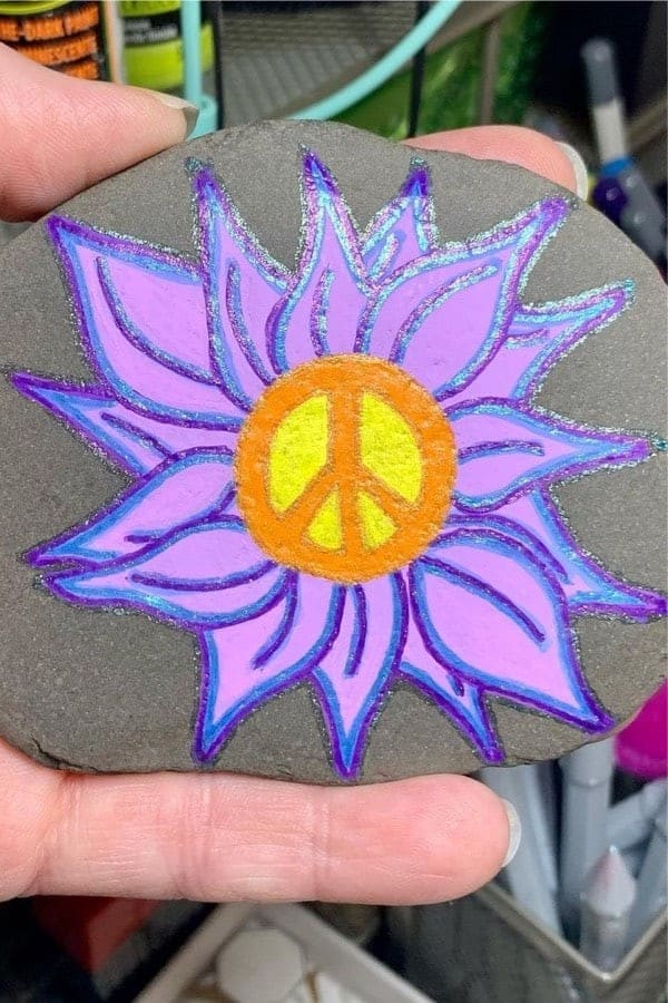 Peace Sign Flower Painted Stone